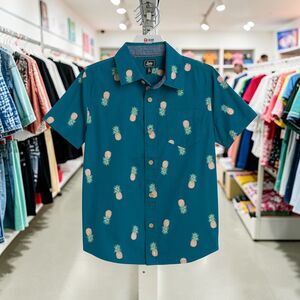 Bixby Nomad Boys Printed Button Up Shirt Navy Size M Short Sleeve NWT New